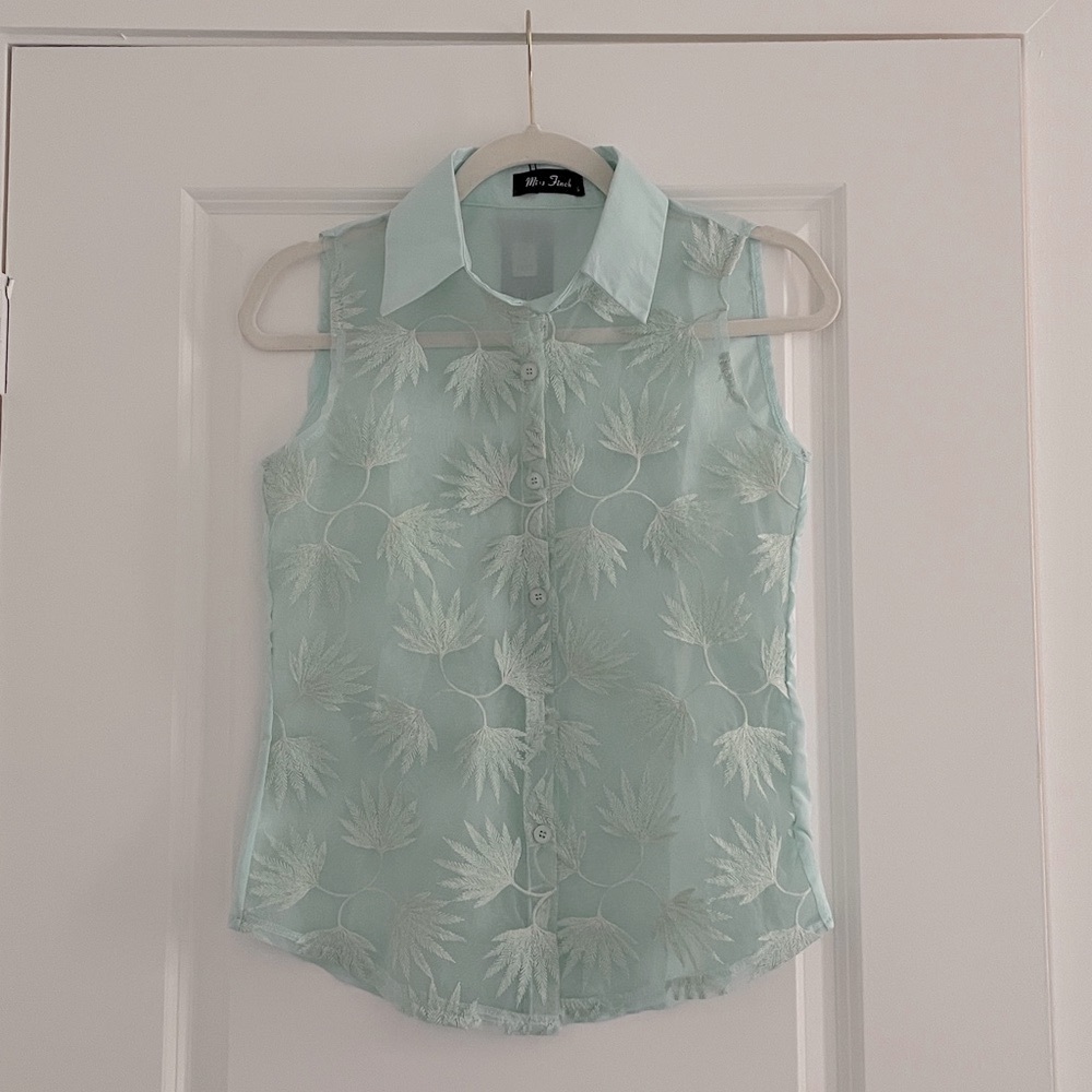 Miss Finch Sleeveless Blouse Sheet Chiffon Button Up Shirt Coastal Seafoam Green
